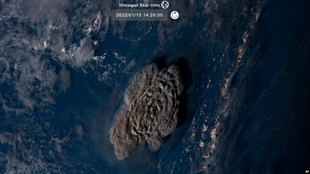 This image taken by Himawari-8, a Japanese weather satellite operated by Japan Meteorological Agency, shows an undersea volcano eruption at Tonga on Jan. 15, 2022.