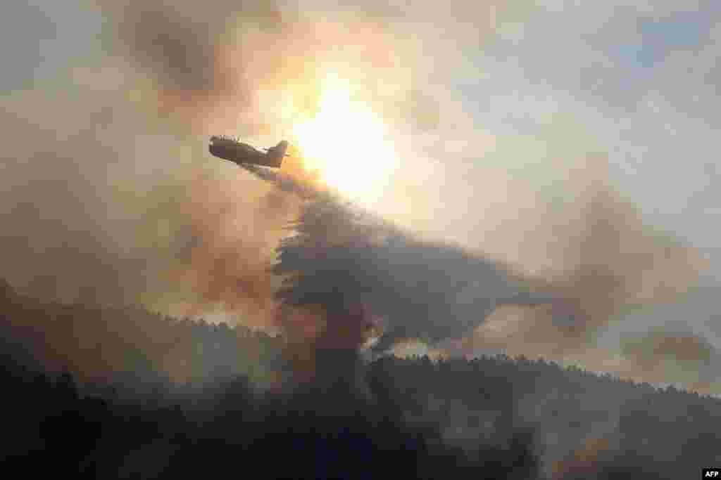 A canadair bomber plane drops water onto a blaze along the l&#39;Arone Pass in the Bavella mountains (Bavella Needles) in Quenza on the French Mediterranean Island of Corsica, after strong winds from storm Ciara caused wildfires to spread on the island.