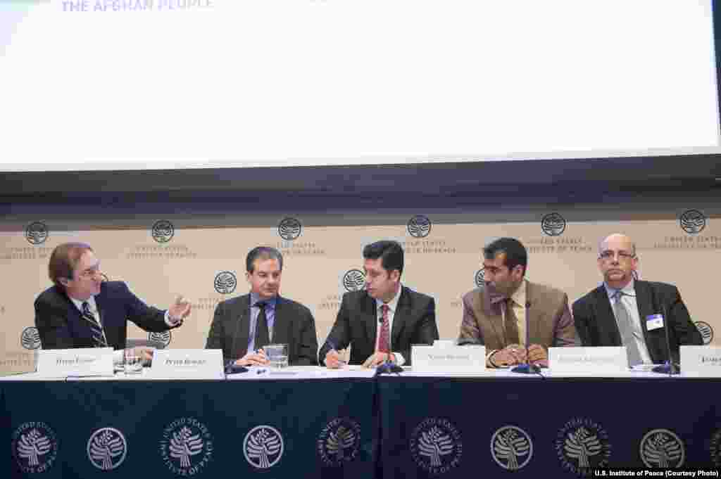 Panel 2 - The Future of Media in Afghanistan. (Left to Right): David Ensor, Peter Bergen, Najib Sharifi, Danish Karokhel, James Deane