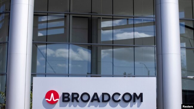 FILE - The Broadcom Limited company logo is shown outside one of their office complexes in Irvine, California, March 4, 2021.