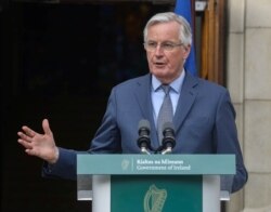 Michel Barnier, the European Union's chief Brexit negotiator, speaks to the media at Government Buildings in Dublin, Ireland, Jan. 27, 2020.