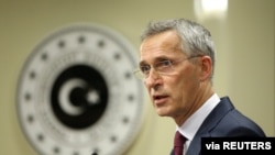 FILE - NATO Secretary General Jens Stoltenberg speaks during a news conference in Ankara, Turkey, October 5, 2020. (Turkish Foreign Ministry/Handout via REUTERS) 