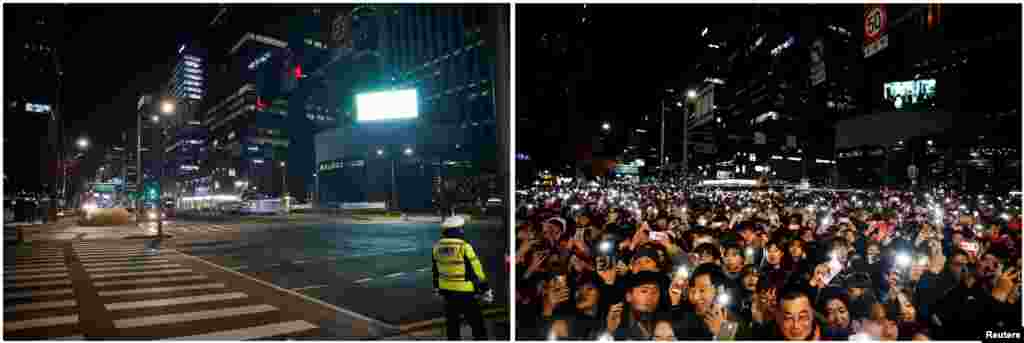 A combination photo shows people celebrating the New Year, Dec. 31, 2019 (R), and a policeman standing on a zebra crossing on New Year&#39;s Eve amid the COVID-19 pandemic, in Seoul, South Korea, Dec.31, 2020 (L).