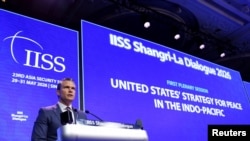U.S. Secretary of Defense Pete Hegseth speaks at the IISS Shangri-La Dialogue security summit in Singapore, May 30, 2026. 