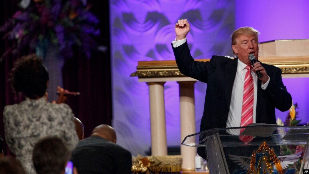 Republican presidential candidate Donald Trump speaks during a service at Great Faith Ministries International in Detroit, Sept. 3, 2016.