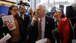 European Union foreign policy chief Josep Borrell is surrounded by reporters at the European parliament, Jan.14, 2020 in Strasbourg, eastern France.