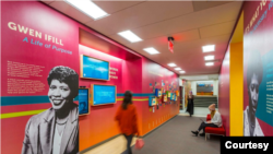 A display chronicling Gwen Ifill’s storied journalism career lines a corridor in the school that bears her name, at Boston’s Simmons University. (Photo courtesy of Simmons University)