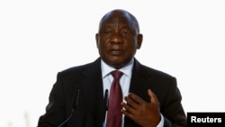 FILE — South African President Cyril Ramaphosa speaks during a press conference held in Kyiv, Ukraine, June 16, 2023. 