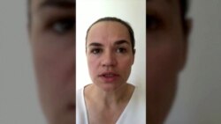 Belarusian opposition leader Svetlana Tikhanouskaya speaks in a video message in an unknown location, in this still image taken from a video released, Aug. 11, 2020.
