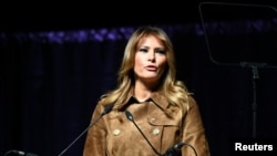 U.S. first lady Melania Trump speaks at a youth summit on opioid awareness at the UMBC Event Center in Baltimore, Maryland, Nov. 26, 2019. 