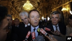 Jean-Pierre Bel, President of the Socialist Party group at the French Senate, speaks to the media in Paris, September 25, 2011.