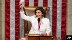 Speaker of the House Nancy Pelosi presides over House passage of President Joe Biden's expansive social and environment bill, Nov. 19, 2021.