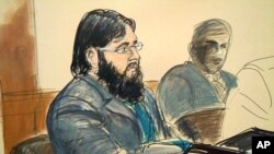 In this courtroom sketch, terror trial suspect Adis Medunjanin, accused in a foiled plot to attack New York City subways, sits in federal court in Brooklyn, New York, April, 18, 2012. 