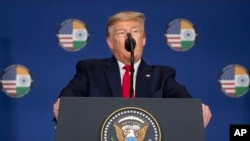 President Trump speaks during a news conference, Feb. 25, 2020, in New Delhi, India.