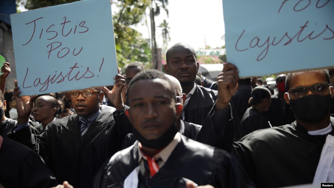 Lawyers attend a march to demand justice after the killing, on Aug. 28, of the lawyer and President of the Bar of Lawyers of Port-au-Prince, Monferrier Dorval, in the streets of Port-au-Prince, Haiti, Sept. 3, 2020. 