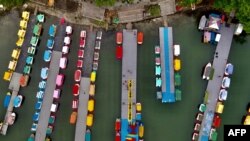 An aerial view shows leisure boats moored at Liyu Lake in Hualien, Taiwan.
