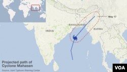 Peta hantaman Topan Mahasen yang melanda wilayah Bangladesh dan Burma, Kamis (16/5).