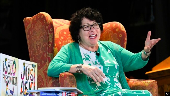 U.S. Supreme Court Justice Sonia Sotomayor addresses attendees of an event promoting her new children's book "Just Ask!" in Decatur, Georgia, Sept. 1, 2019.