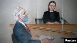 WikiLeaks founder Julian Assange is seen during a hearing at the Westminster Magistrates Court in London, Jan. 6, 2021, in this courtroom sketch.