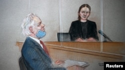 WikiLeaks founder Julian Assange is seen during a hearing at the Westminster Magistrates Court in London, Jan. 6, 2021, in this courtroom sketch.