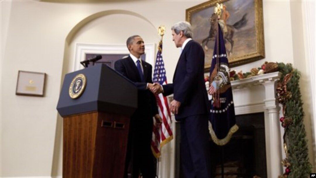 President Barack Obama shakes hands with Sen. John Kerry, D-Mass., his choice to be the next Secretary of State, as he makes his announcement at the White House in Washington, Friday, Dec. 21, 2012. 