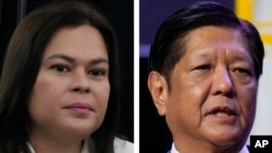 This combination photo shows Philippine Vice President Sara Duterte, left, in Quezon City, Philippines, Nov. 13, 2024, and Philippines President Ferdinand Marcos Jr. in Vientiane, Laos, Oct. 9, 2024. 