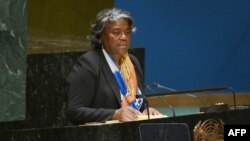 FILE — U.S. Ambassador to the United Nations Linda Thomas-Greenfield addresses the UN General Assembly meeting, at the UN Headquarters in New York City on February 23, 2024