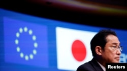 FILE - Japanese Prime Minister Fumio Kishida attends a press conference in Brussels, Belgium July 13, 2023. 