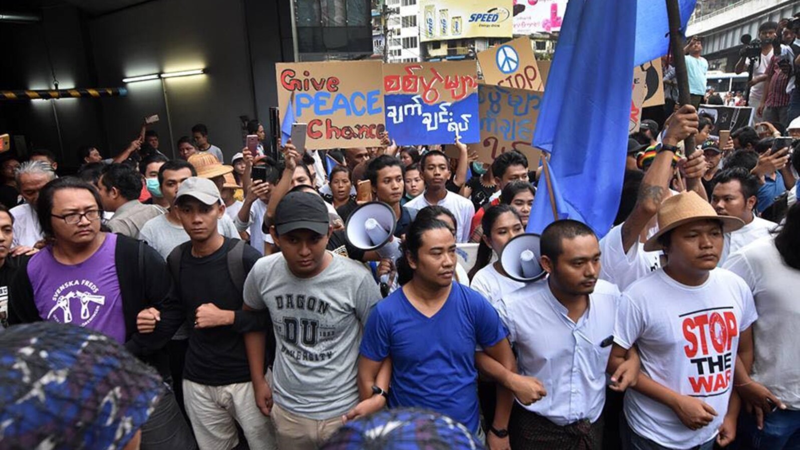 Youth activists in Yangon, including Thet Swe Win and Moe Thway, protest continuing civil war in Myanmar.