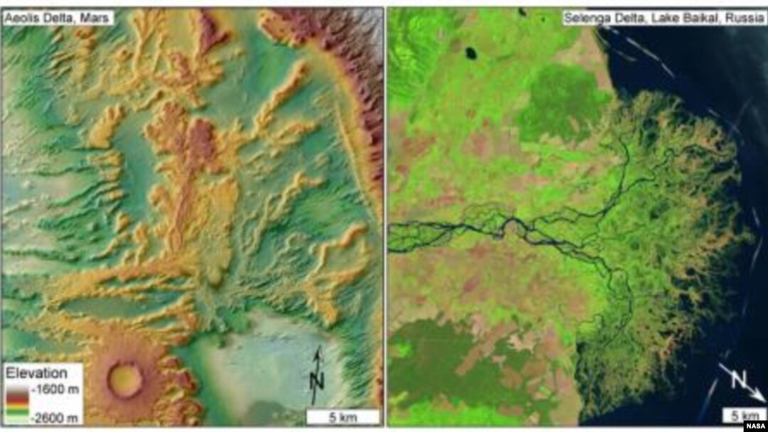 Comparison of exhumed delta in sedimentary rocks on Mars (left) with a modern delta on Earth (right). On the left, a shaded relief map shows elevated, branching, lobate features in Aeolis Dorsa, Mars, interpreted as resistant channel deposits that make up an ancient delta.