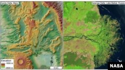 Comparison of exhumed delta in sedimentary rocks on Mars (left) with a modern delta on Earth (right). On the left, a shaded relief map shows elevated, branching, lobate features in Aeolis Dorsa, Mars, interpreted as resistant channel deposits that make up an ancient delta.