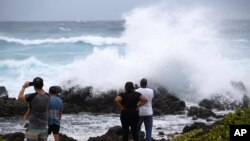 Dad sheedda ka eegaya dabeylo garaacaya mowjadaha badda xeebta Wawamalu Beach, Aug. 24, 2018, in Waimanalo, Hawaii.