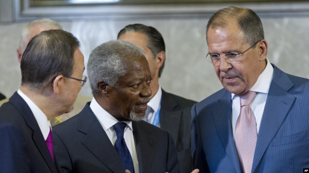 Sekjen PBB Ban Ki-moon, utusan internasional Kofi Annan dan para pejabat 5 negara anggota tetap DK PBB melakukan perundingan tertutup mengenai Suriah di Jenewa, Swiss Sabtu (30/6).