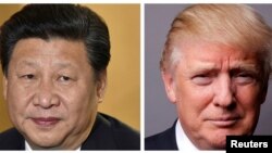 FILE - A combination of photos of U.S. President Donald Trump (center) in Washington, March 1, 2017, Japan's Prime Minister Shinzo Abe (right) in Tokyo, Nov. 18, 2014, and Chinese President Xi Jinping (left) at London's Heathrow Airport, Oct. 19, 2015.