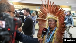 Ninawa Inu Pereira Nunes, President of the Federation of the Huni Kuin indigenous people in Brazil's state of Acre, gives an interview during the United Nations climate change conference COP29 in Baku, Azerbaijan November 13, 2024. 