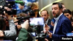 Matteo Salvini, Italy's Deputy Prime Minister and leader of the far-right League Party, speaks to the media in Milan, April 8, 2019.