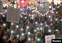 Demonstrators participate in a protest over the fatal November 2024 Novi Sad railway station roof collapse, in Nis, Serbia, March 1, 2025.