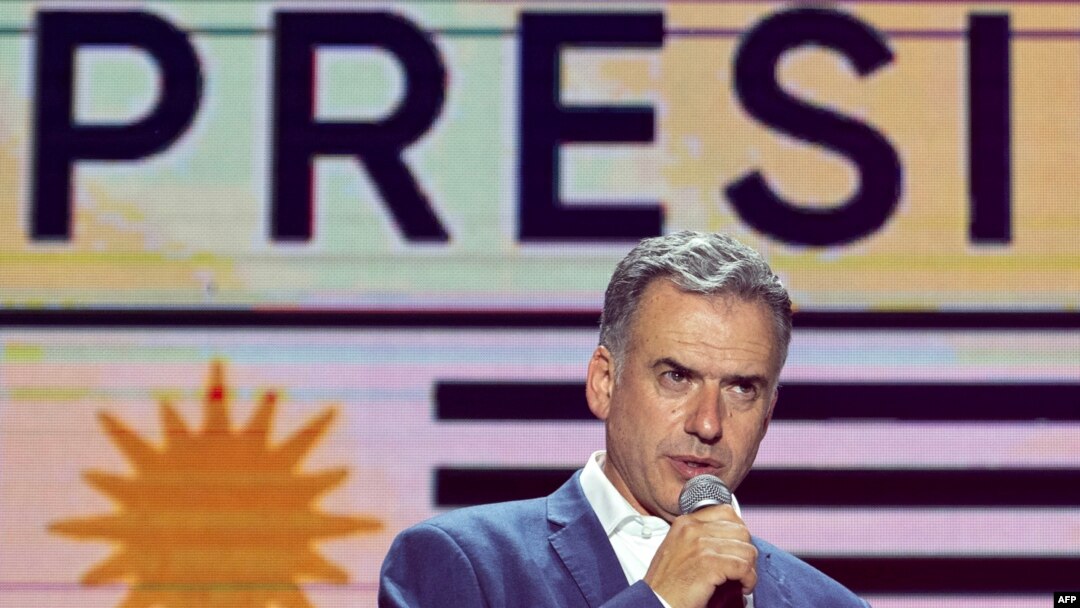 Uruguay's President-elect, Yamandu Orsi, of the Frente Amplio coalition, delivers his victory speech after the presidential runoff election in Montevideo on November 24, 2024.