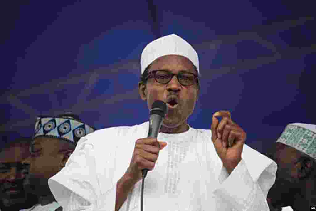 Muhammadu Buhari, former military ruler and Presidential candidate for the Congress for Progressive Change (CPC), speaks during the flag-off of the presidential campaign at Mapo square, Ibadan, south-west Nigeria, March 14, 2011. (Reuters Image)