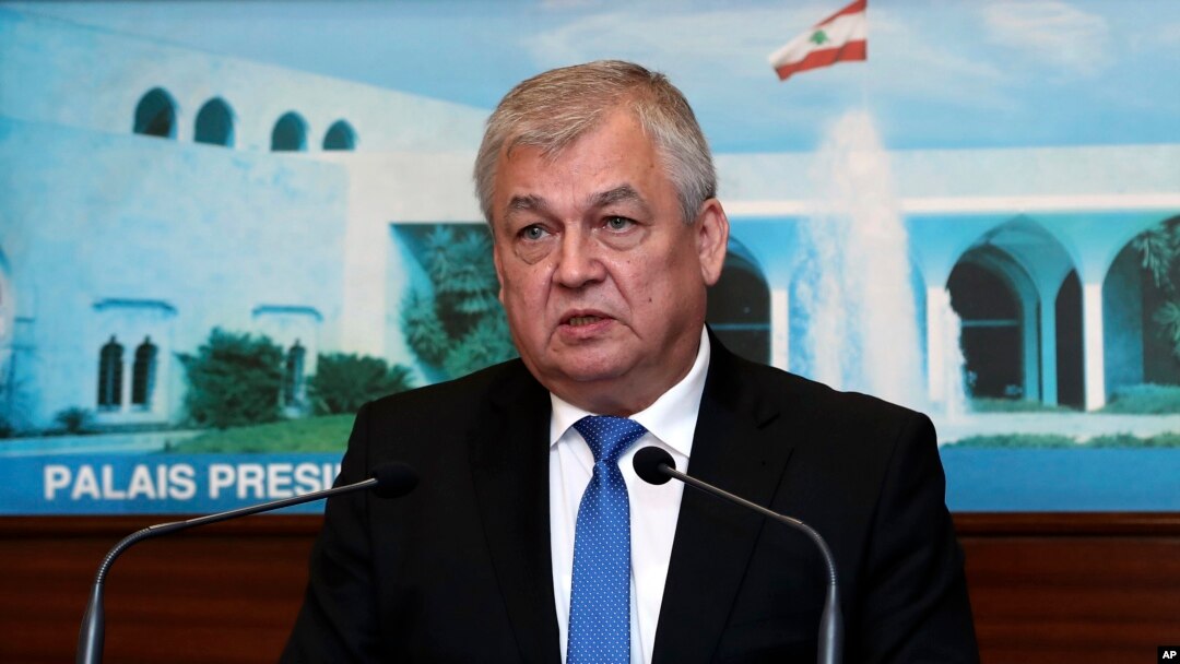 In this photo released by Lebanon's official government photographer Dalati Nohra, Russia's special presidential envoy to Syria Alexander Lavrentiev, speaks to journalist at the presidential palace, in Baabda east of Beirut, Lebanon, Thursday, July 26, 2018. 