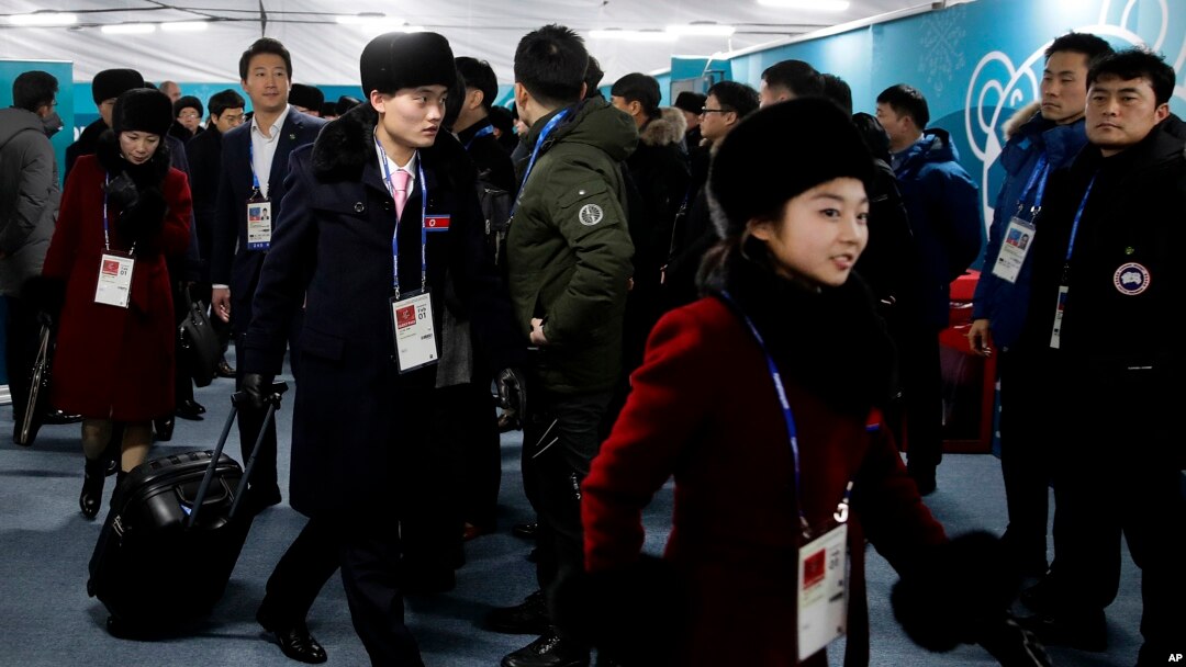Members of the North Korean Olympic delegation arrive at the Olympic Village of the 2018 Winter Olympics in Gangneung, South Korea, Feb. 1, 2018.