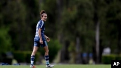 FILE - Argentina's national female soccer team forward Belen Potassa is seen during a training session in Buenos Aires, Argentina, Oct. 25, 2018.