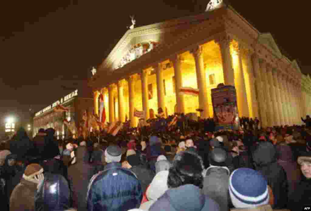 Protesters rally as they denounce the Belarus presidential election saying it was falsified, in Minsk, Sunday, Dec. 19, 2010. Alexander Lukashenko, Belarus' authoritarian leader, a frequent antagonist of both Russia and the West, seeks a fourth term in Su