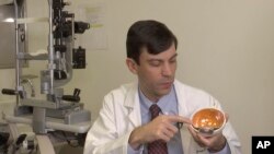 Dr. Jason Comander, inherited retinal disorder specialist at Massachusetts Eye and Ear Infirmary in Boston points to a model of an eye during an interview on Jan. 8, 2020.