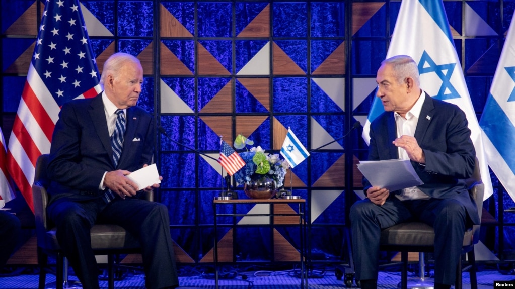 资料图：美国总统乔·拜登（Joe Biden）2023年11月与以色列总理本雅明·内塔尼亚胡（Benjamin Netanyahu）会面。(photo:VOA)
