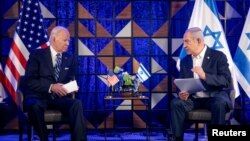 2023年10月18日，美国总统拜登和以色列总理内塔尼亚胡在以色列特拉维夫讨论以色列和哈马斯的冲突。（资料照片）