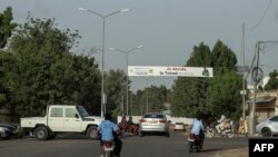 FILE - A general view of a banner saying: "I decide, Chad advances" of the national commission in charge of organising the referendum, in N'Djamena on December 13, 2023.
