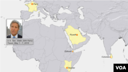 کشورهایی که جان کری وزیر خارجه ایالات متحده از اول تا هفتم ماه مه (۱۱ تا ۱۷ اردیبهشت ماه) از آنها دیدن می کند.