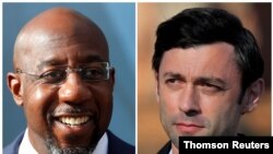 En esta combinación de fotografías aparecen de izq. a der., el senador Raphael Warnock y Jon Ossof, ambos demócratas de Georgia.