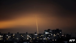 This photograph taken on Jan. 23, 2024 shows a missile launched from Russia's Belgorod region flying towards Kharkiv, eastern Ukraine, amid the Russian invasion of Ukraine.